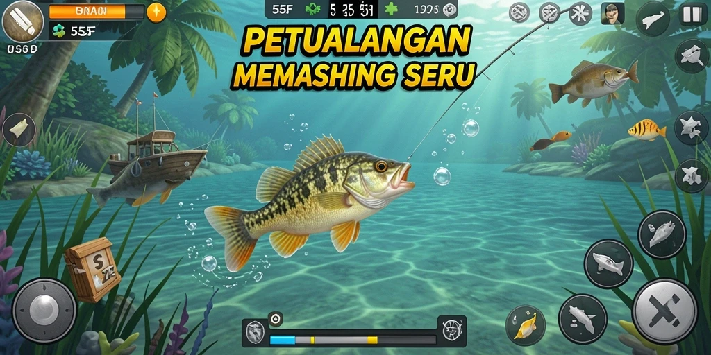 Screenshot gameplay 555F dengan pemandangan memancing yang menakjubkan.