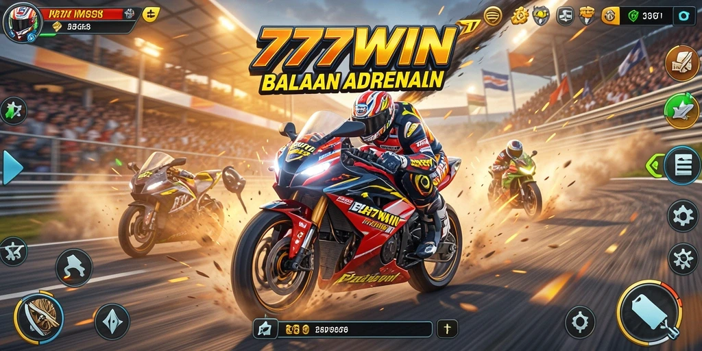 Screenshot gameplay <strong>777WIN</strong> yang menampilkan aksi balapan motor yang seru.