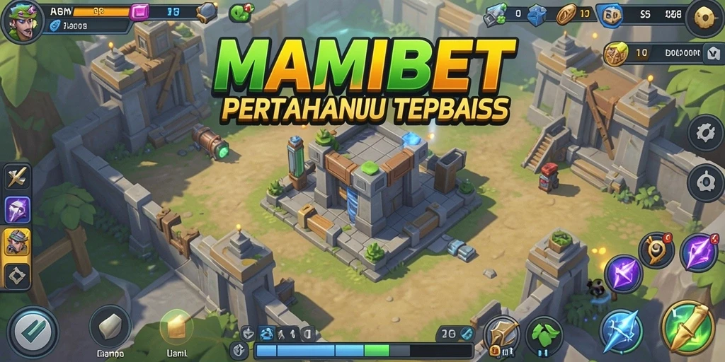 Screenshot gameplay MAMIBET yang menampilkan pertahanan menara melawan gelombang musuh.