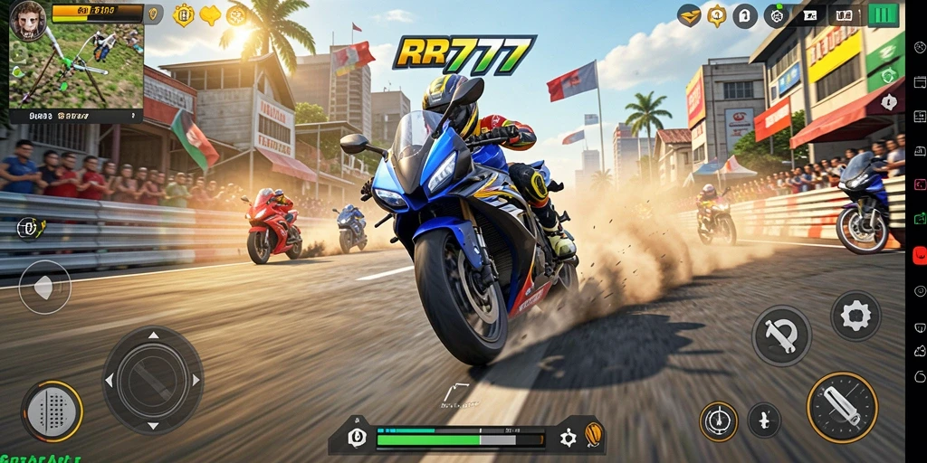 Tampilan gameplay seru dalam balapan sepeda motor di RR777.